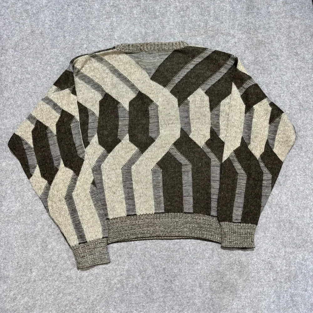 Vintage London Fog Mens XL Abstract Geometric Knit Sweater Brown Wool Blend USA